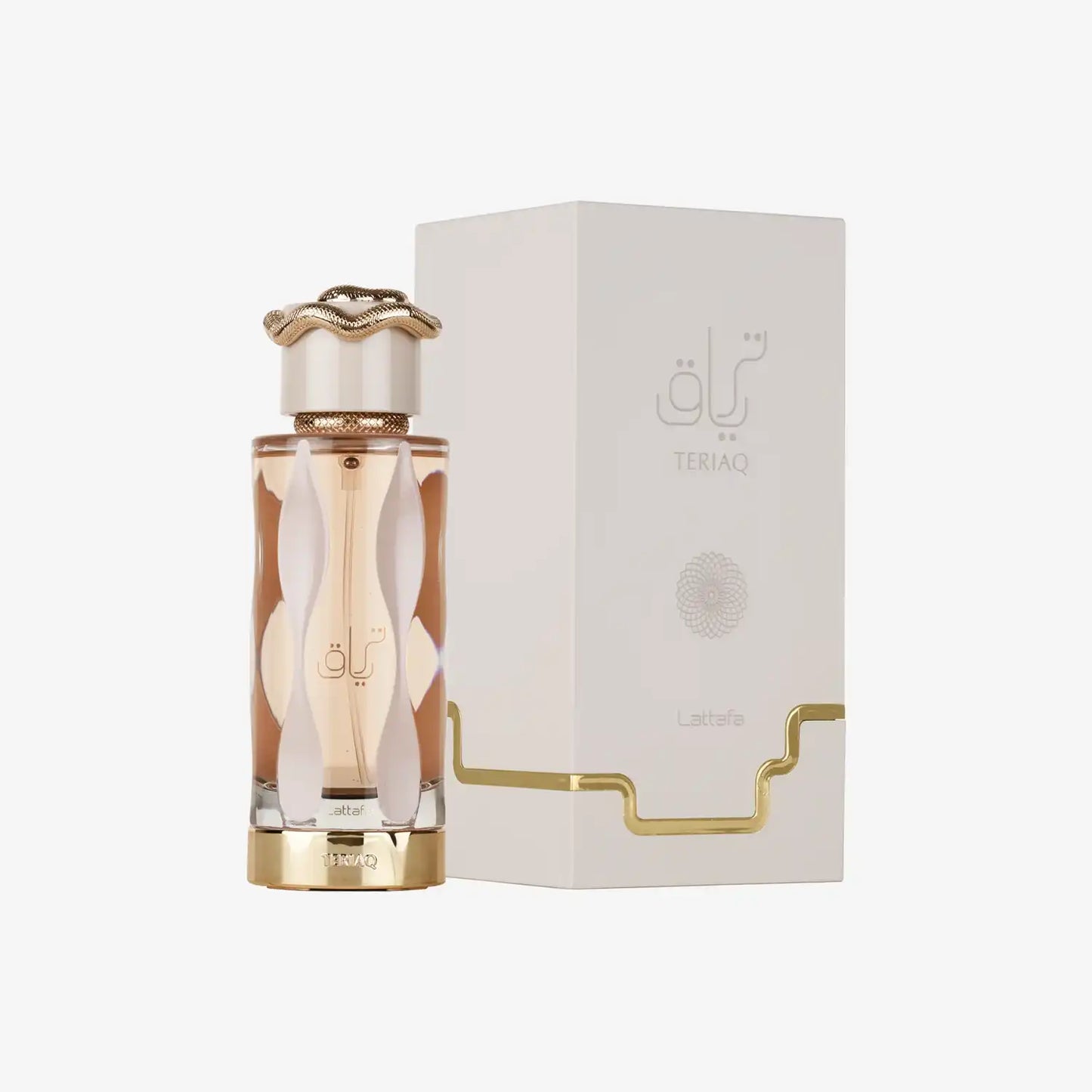 Lattafa Teriaq perfume bottle with gold accents and matching box, Middle Eastern fragrance