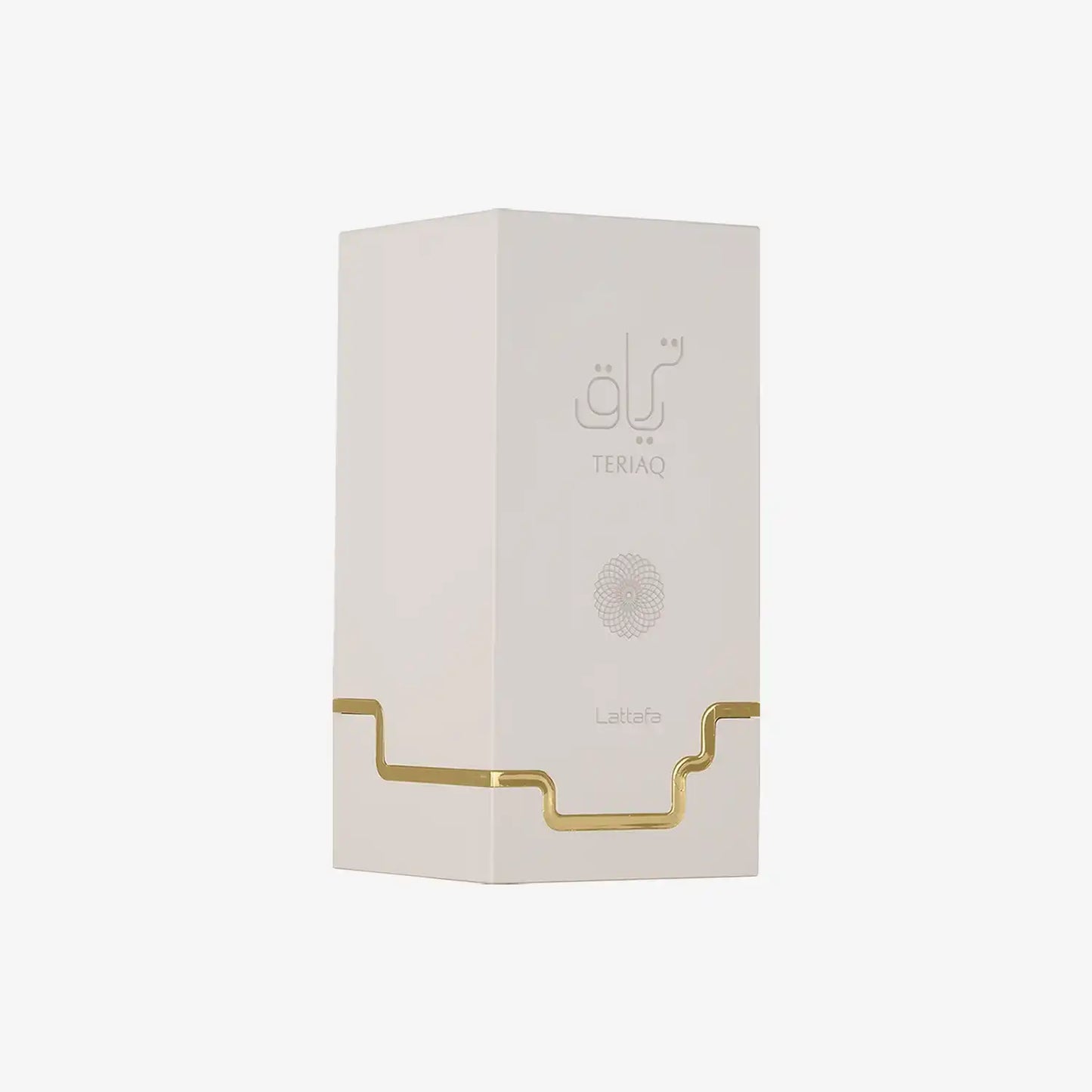 Teriaq perfume box with gold accents and Arabic calligraphy on a white background