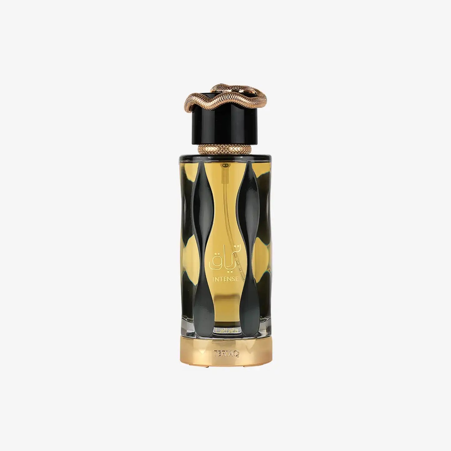 Elegant Teriaq Intense Middle Eastern perfume bottle with gold snake cap, black and gold accents