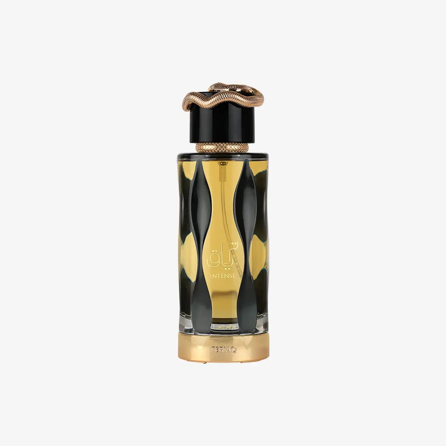 Elegant Teriaq Intense Middle Eastern perfume bottle with gold snake cap, black and gold accents