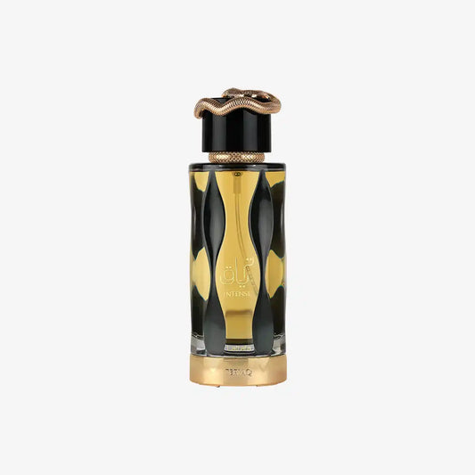 Elegant Teriaq Intense Middle Eastern perfume bottle with gold snake cap, black and gold accents
