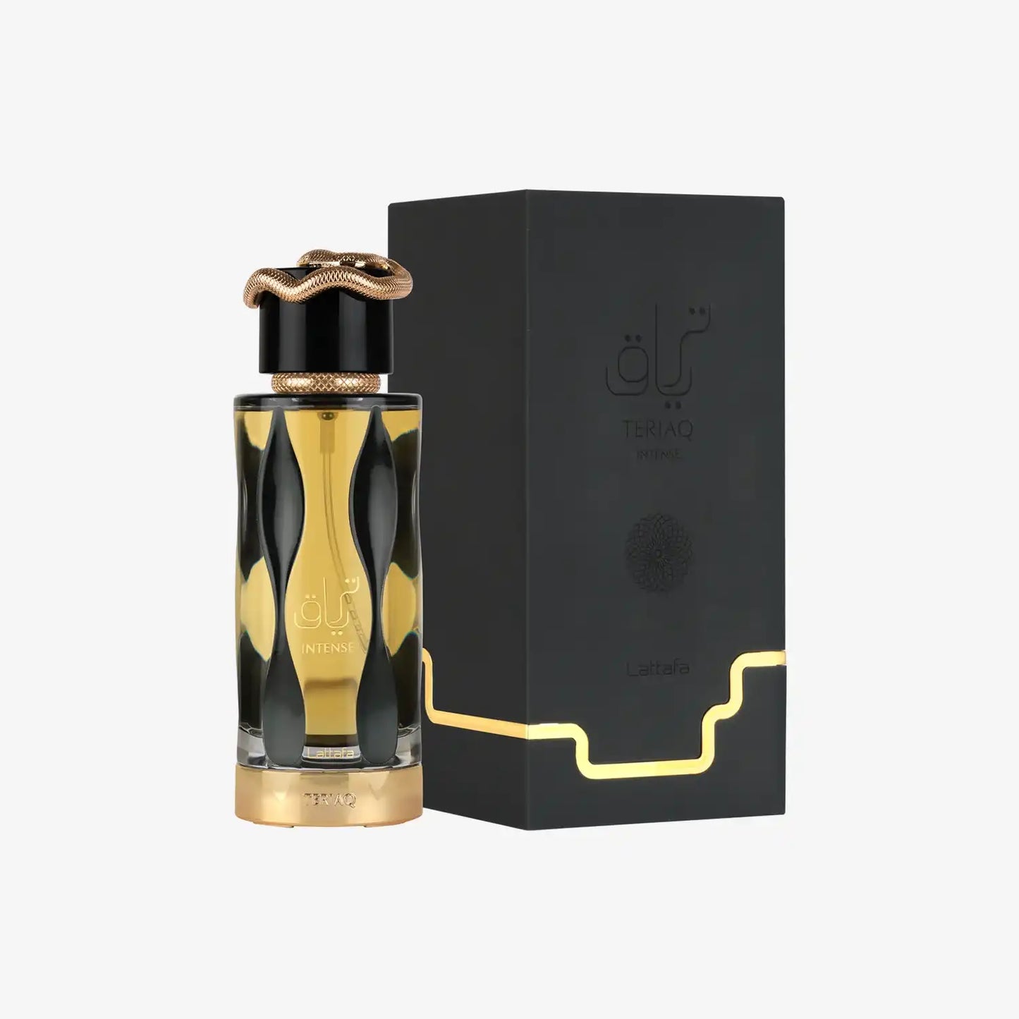 Teriaq Intense perfume bottle with gold and black design beside matching box, Middle Eastern fragrance