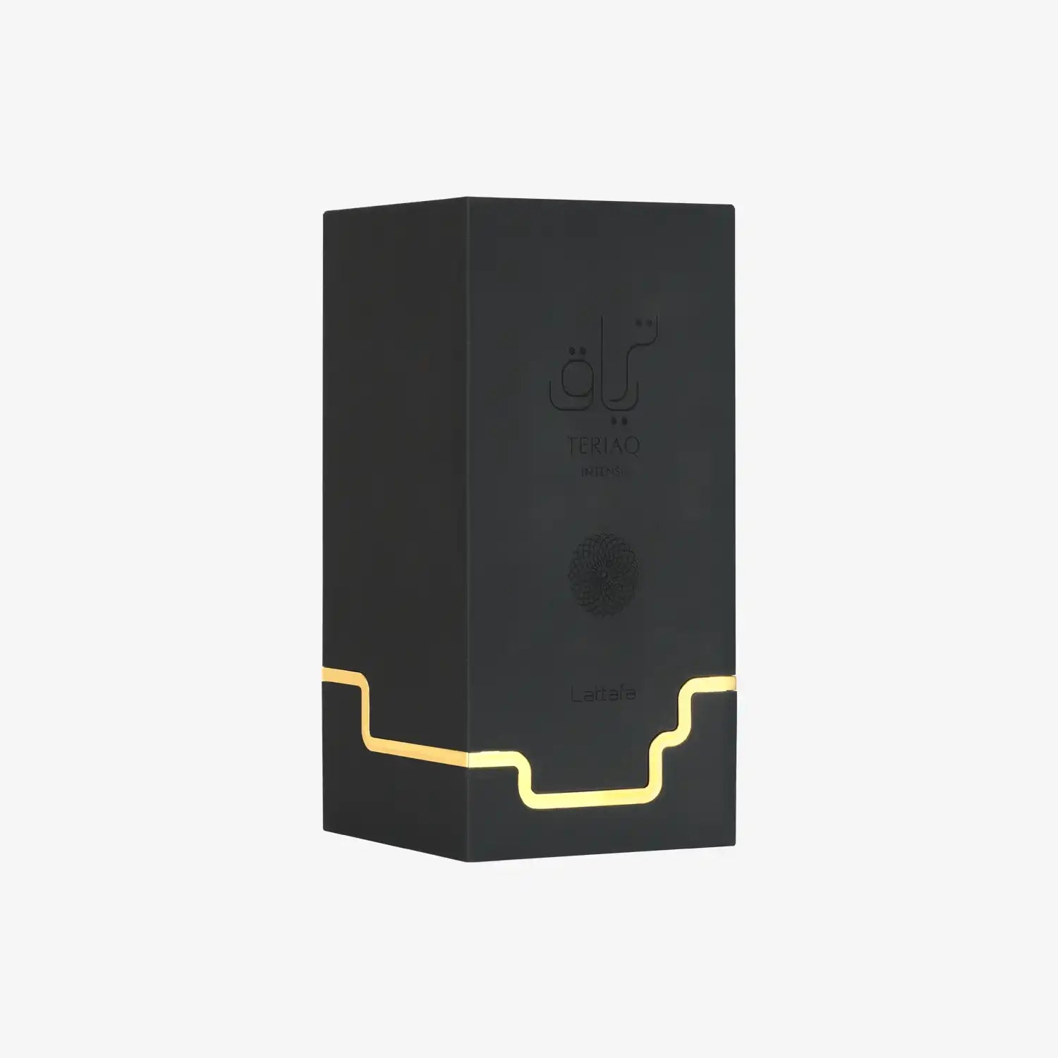Black Teriaq Intense perfume box with gold accents and Arabic text on white background