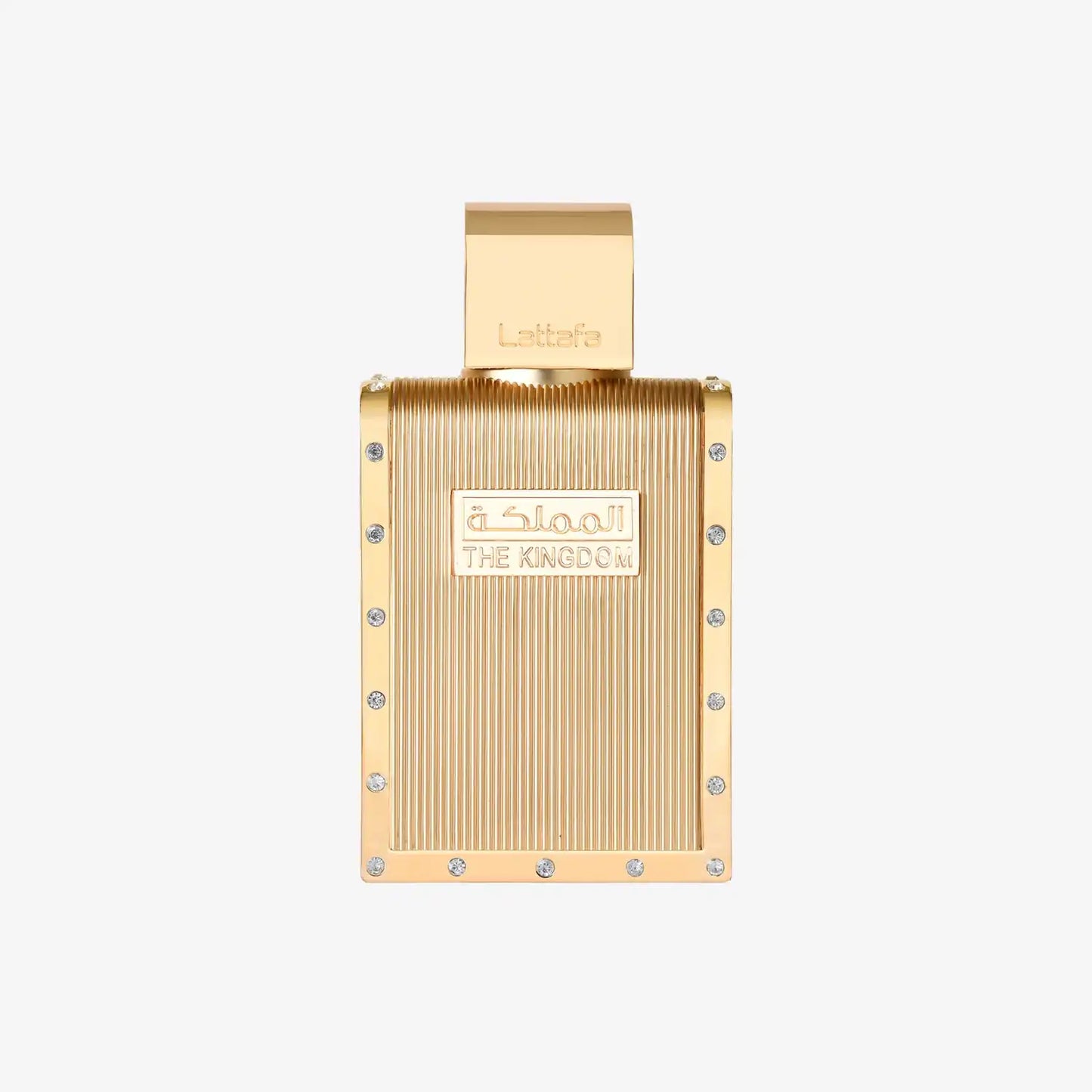 Gold rectangular perfume bottle with Arabic and English text, jeweled accents, luxurious design