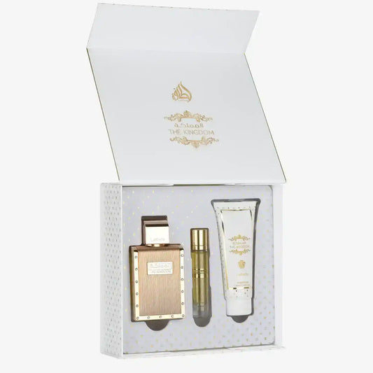 Men’s Middle Eastern fragrance gift set with perfume, oil, and hand cream in an elegant box