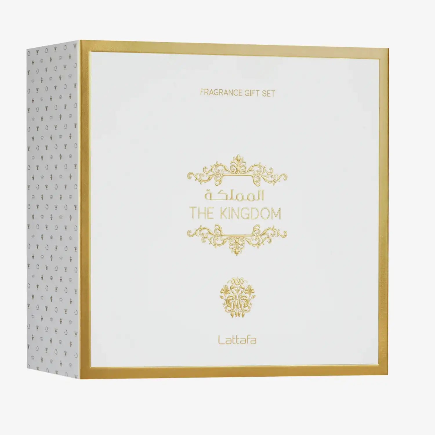 White and gold The Kingdom men’s fragrance gift set box by Lattafa with elegant design