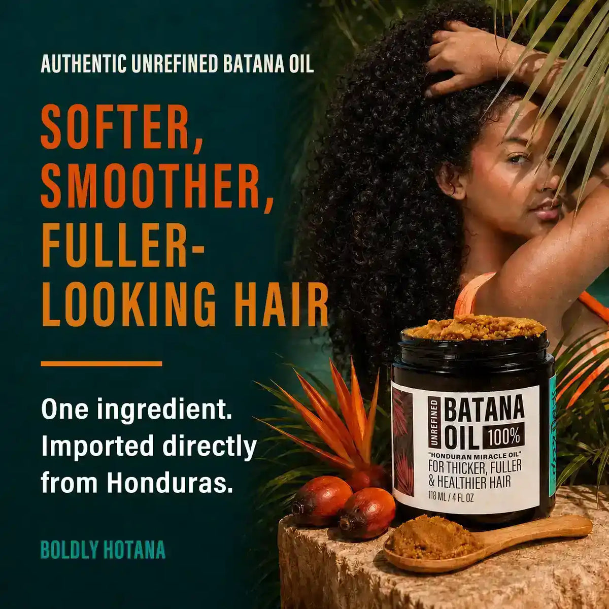 Hotana 100% Unrefined Batana Oil for thicker, fuller hair with product jar and raw ingredients.