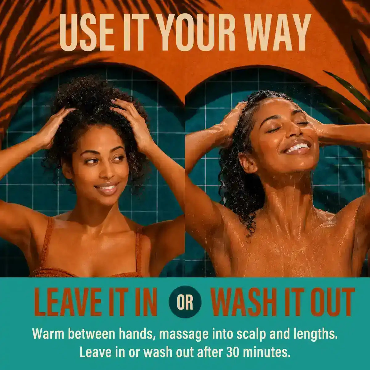 Woman applying Hotana Batana Oil to curly hair, showing leave-in and wash-out methods.