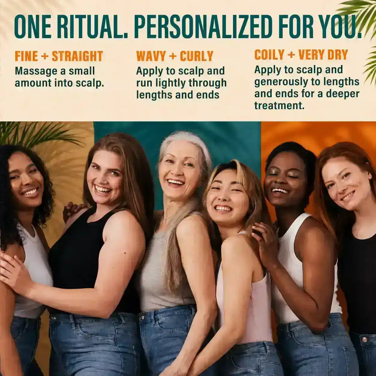 Diverse women showcasing hair types with Batana Oil application tips by Hotana.