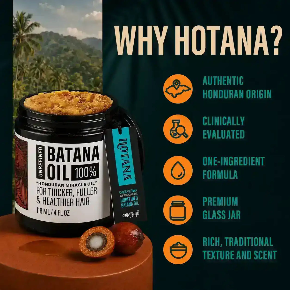 Hotana 100% Unrefined Batana Oil in a glass jar with Honduran landscape background.
