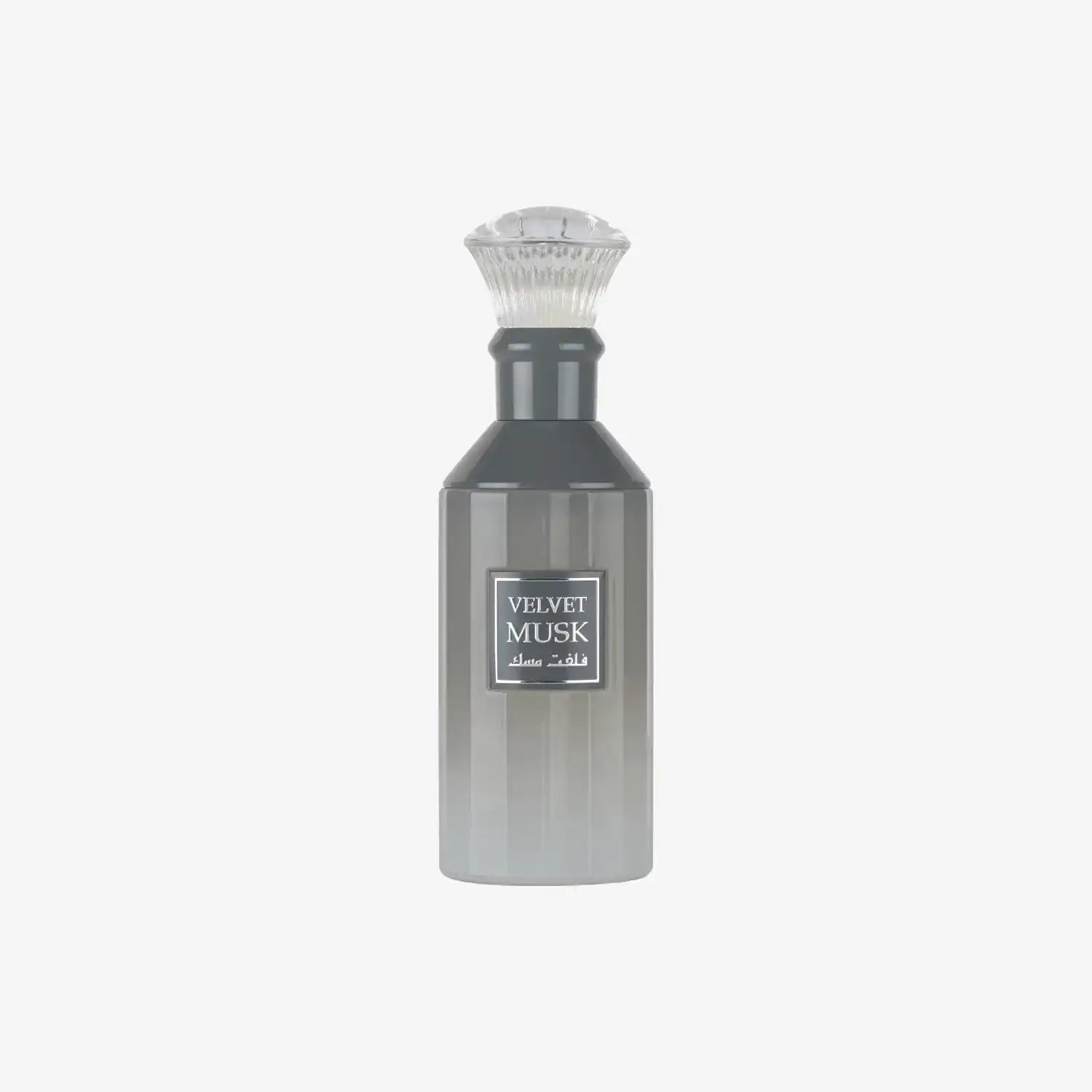 Velvet Musk perfume bottle with Arabic and English label, gradient black glass and ornate cap
