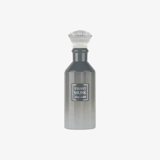 Velvet Musk perfume bottle with Arabic and English label, gradient black glass and ornate cap