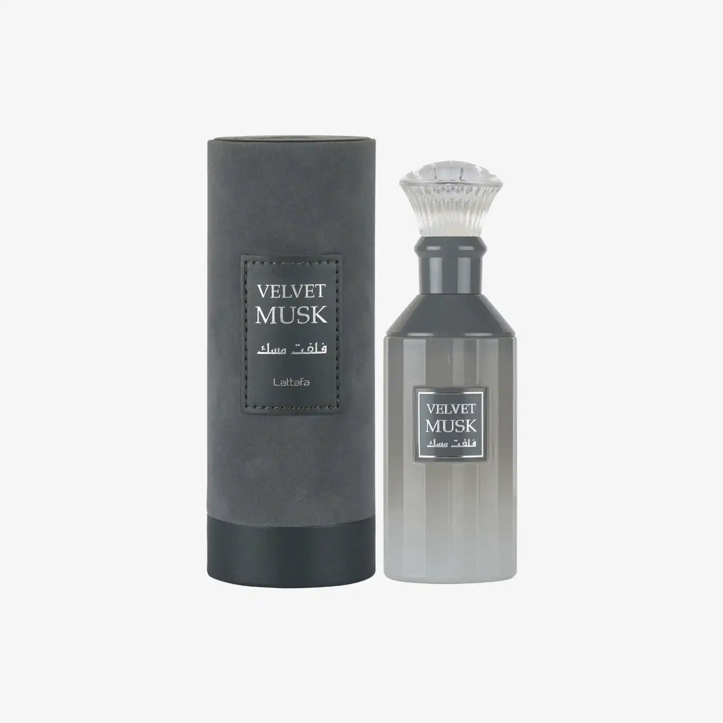 Velvet Musk perfume bottle and cylindrical box with elegant black and grey design