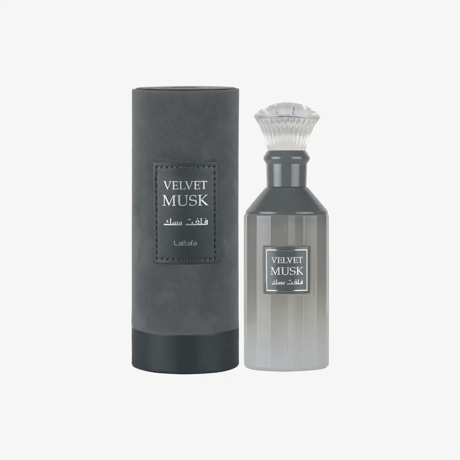 Velvet Musk perfume bottle and cylindrical box with elegant black and grey design