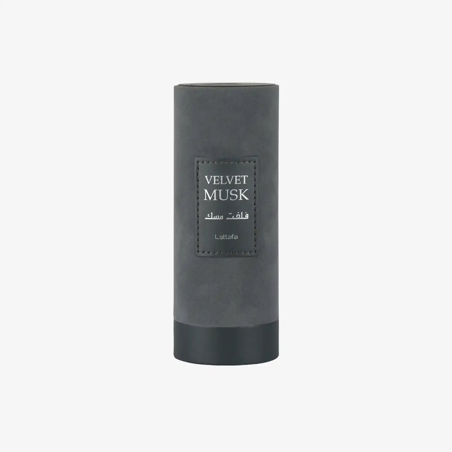 Velvet Musk perfume bottle with grey cylindrical packaging on white background
