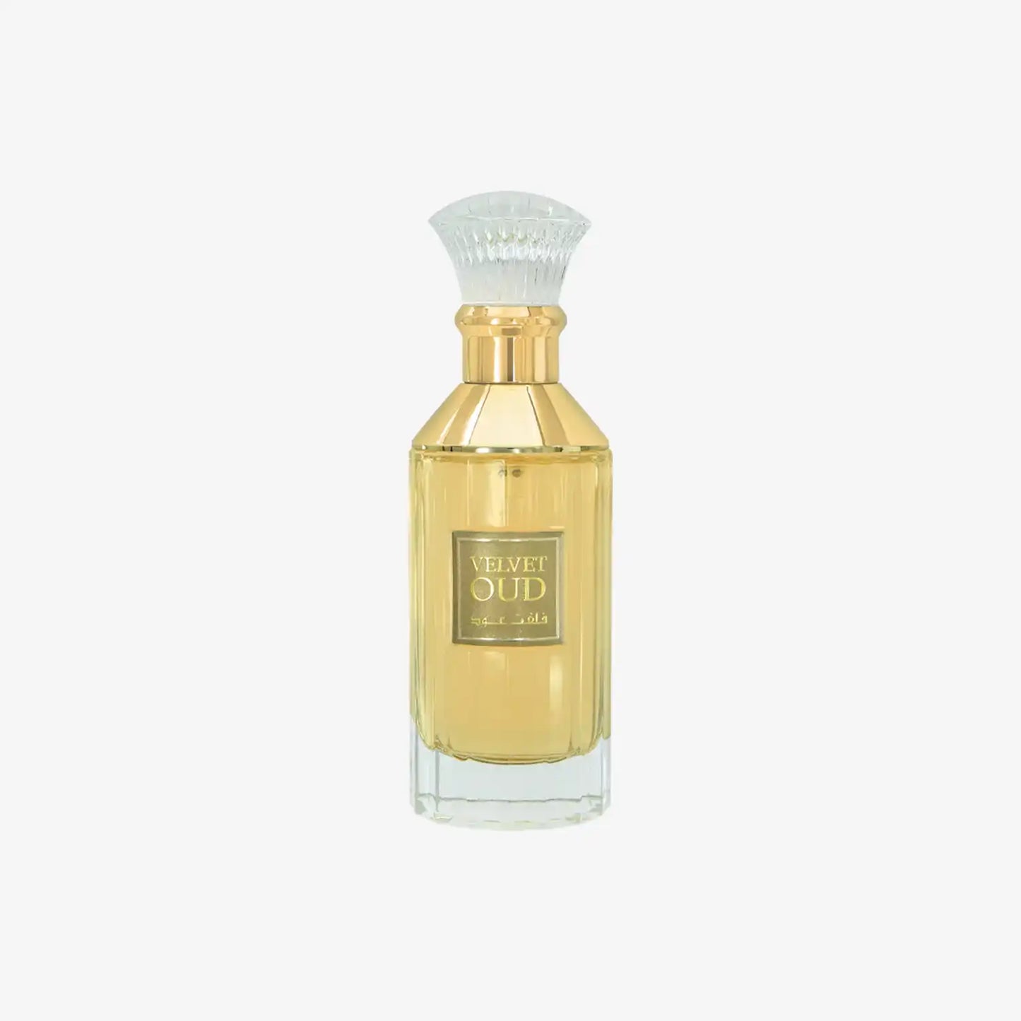 Gold Velvet Oud perfume bottle with clear glass cap on white background