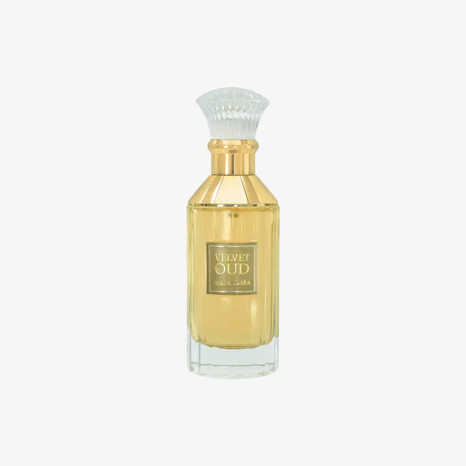 Gold Velvet Oud perfume bottle with clear glass cap on white background