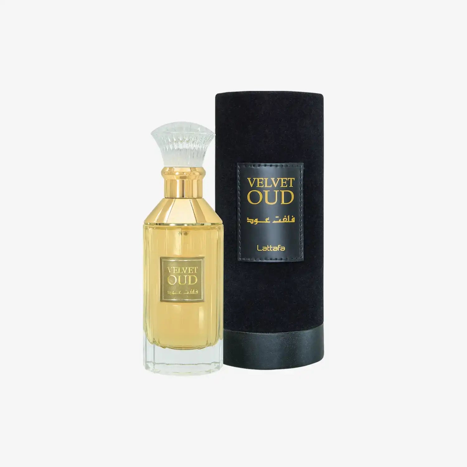 Velvet Oud perfume bottle with gold label and black velvet cylindrical case, Middle Eastern fragrance