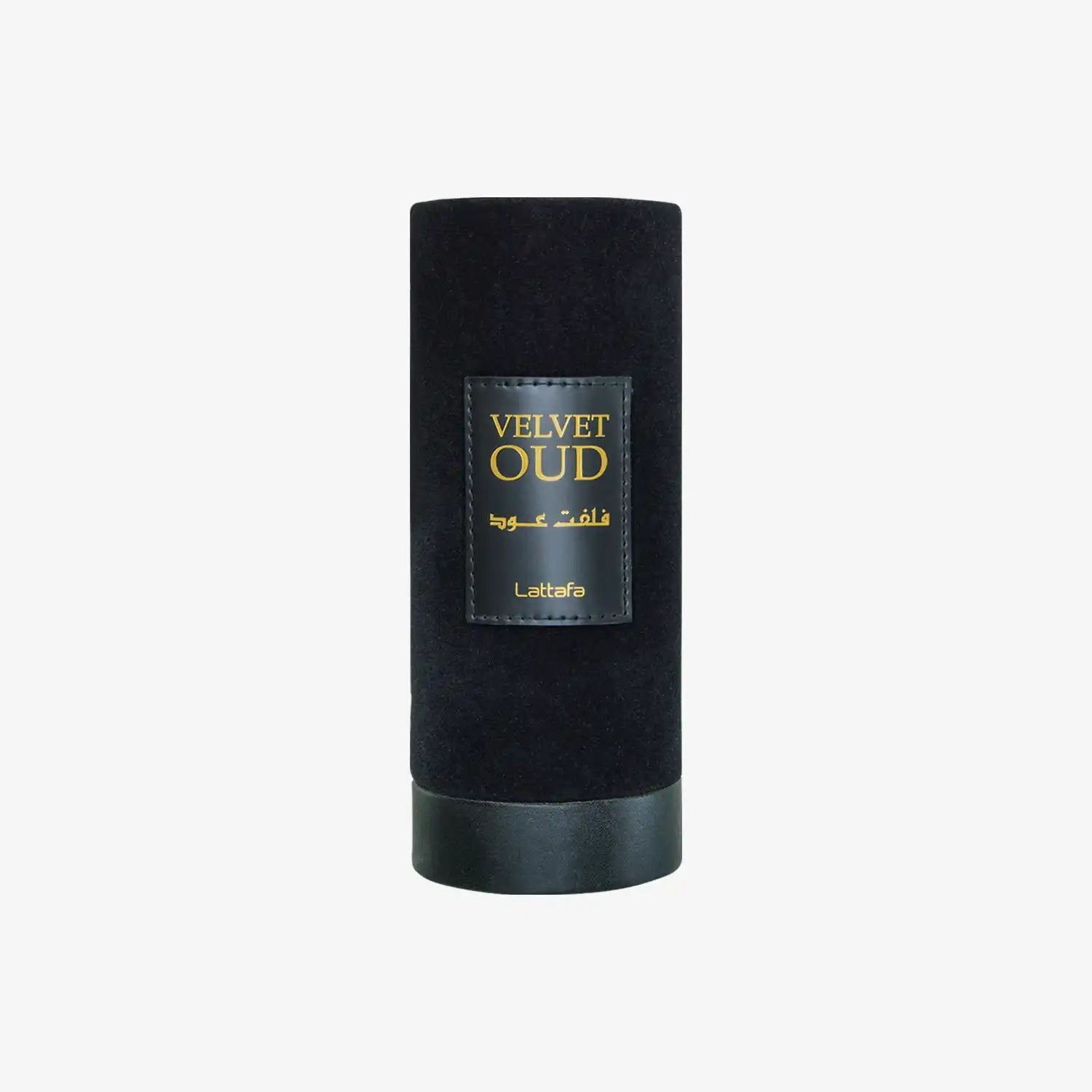 Black cylindrical Velvet Oud perfume bottle with gold label on white background