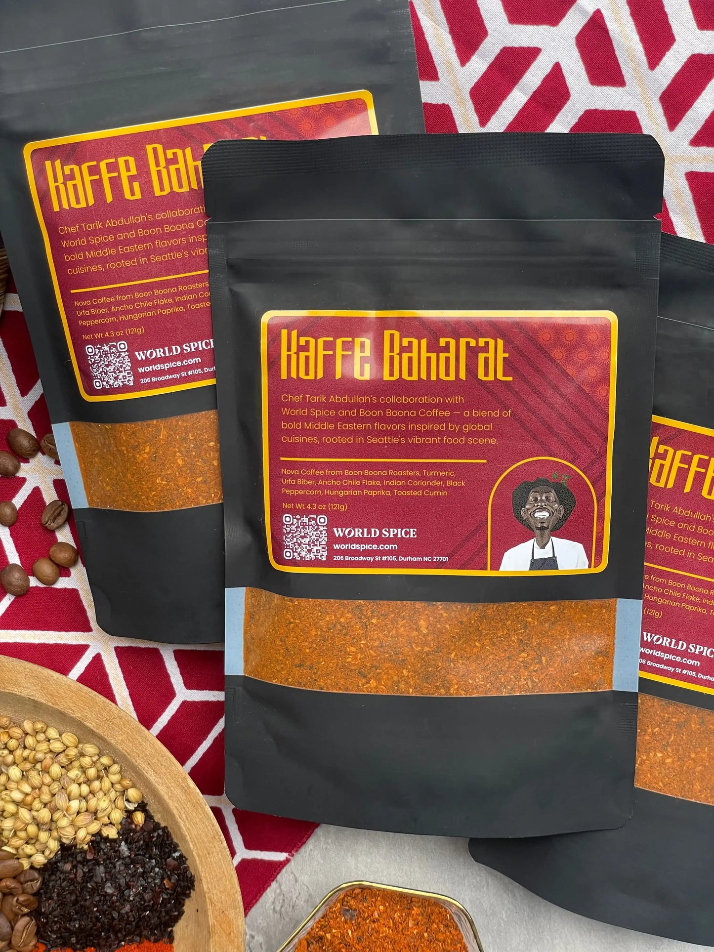 Kaffe Baharat spice blend with bold Middle Eastern flavors, featuring turmeric, paprika, and cumin