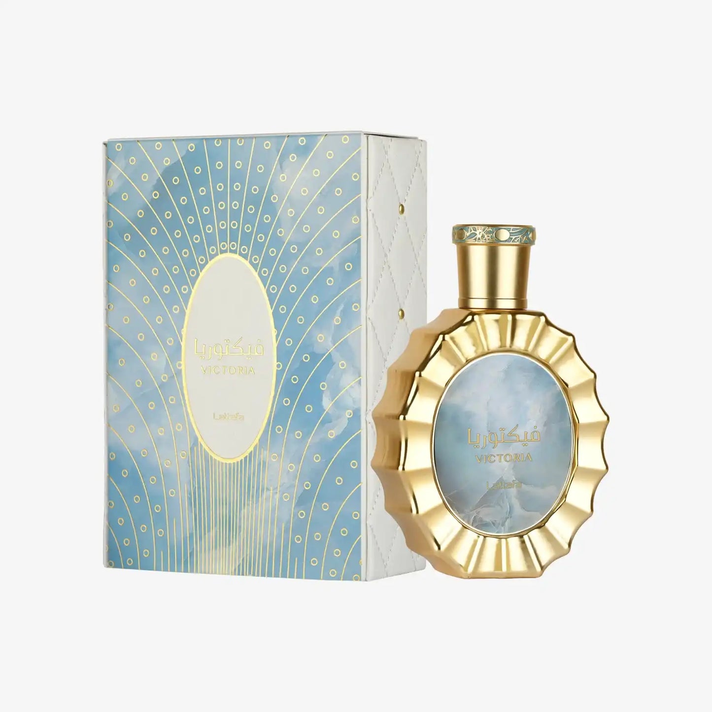 Victoria perfume bottle with gold accents and matching blue box featuring Middle Eastern design