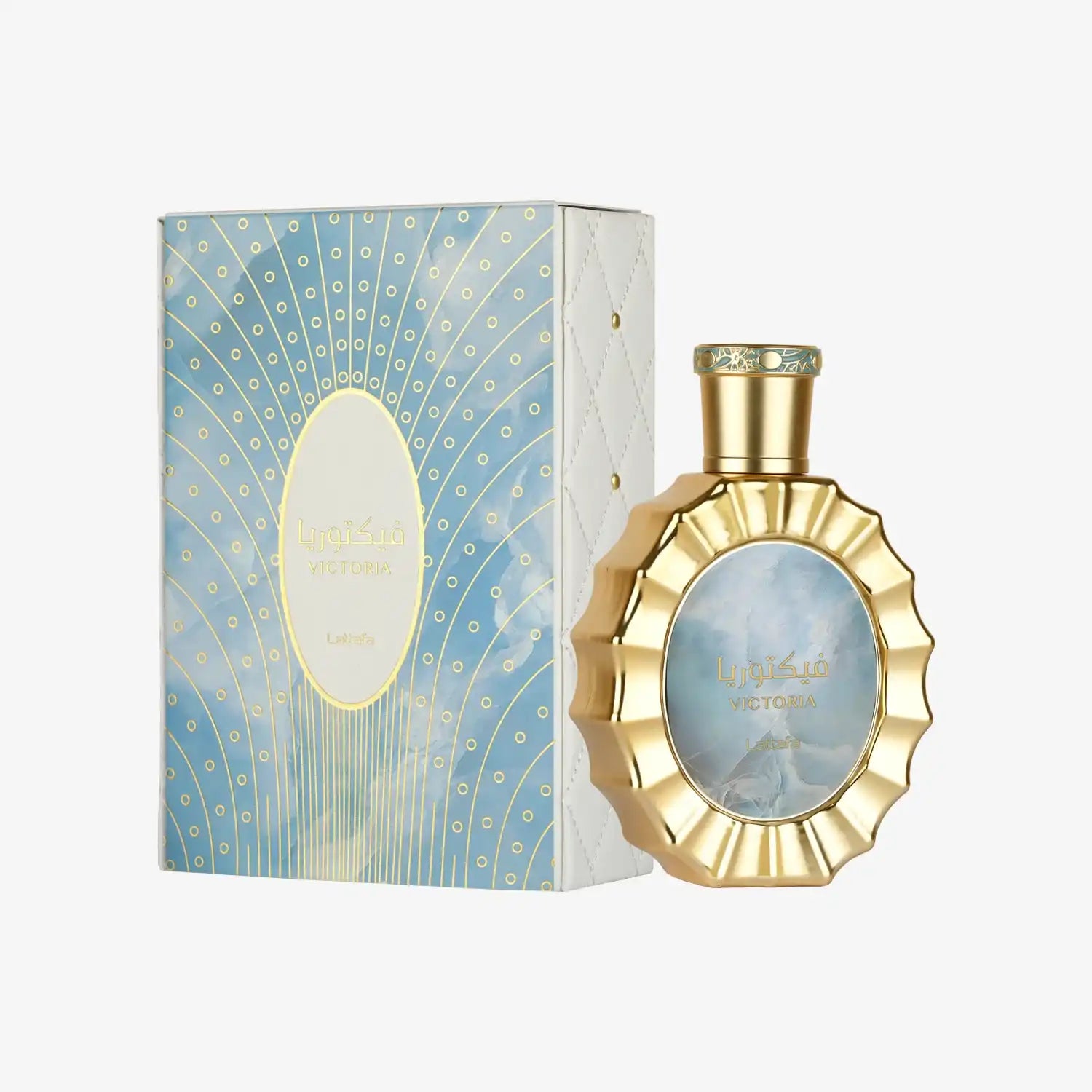 Victoria perfume bottle with gold accents and matching blue box featuring Middle Eastern design