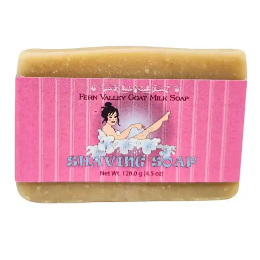 Fern Valley Goat Milk Shaving Soap bar with pink label, natural exfoliating texture, 4.5 oz
