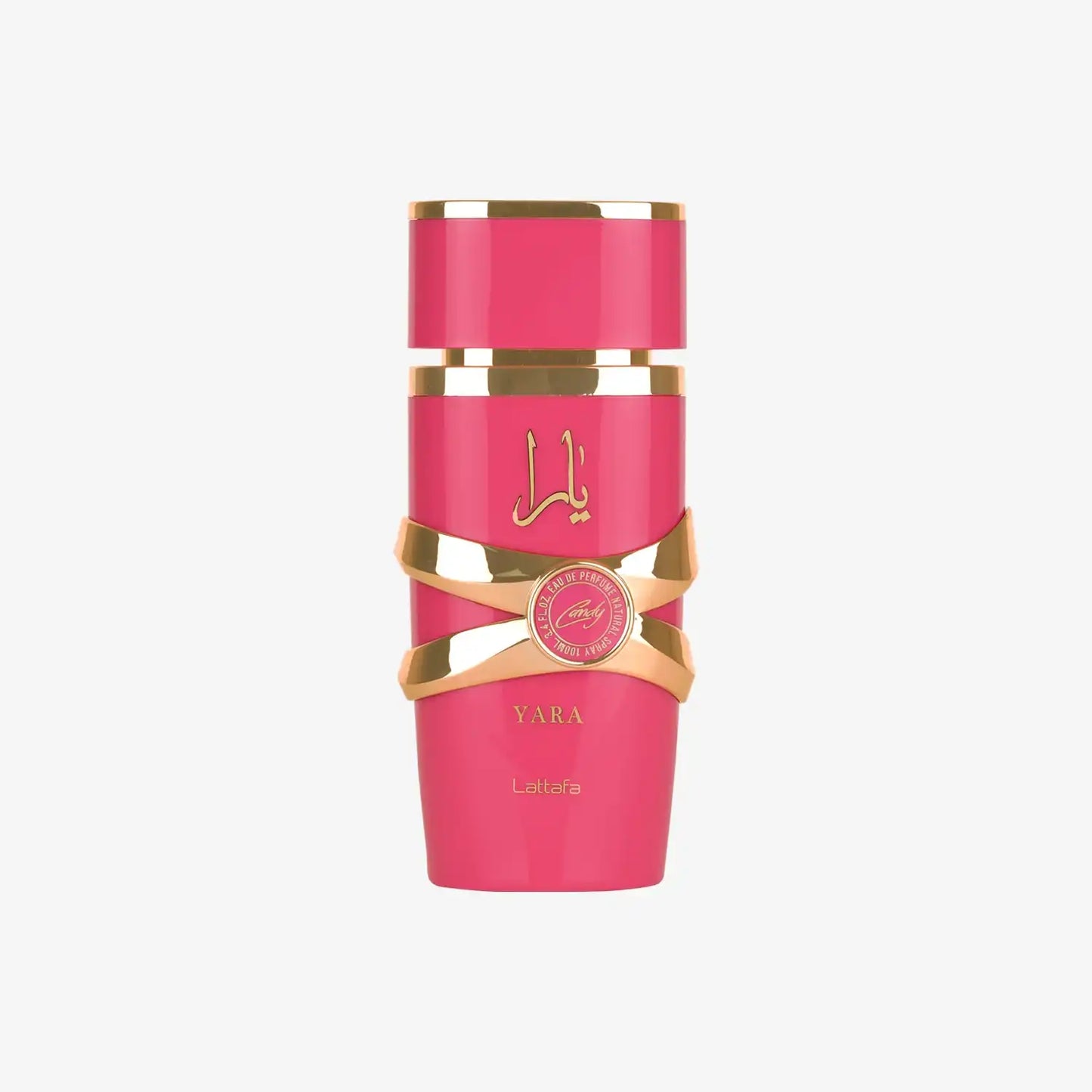Yara pink and gold perfume bottle with Arabic script, gold accents, and modern design