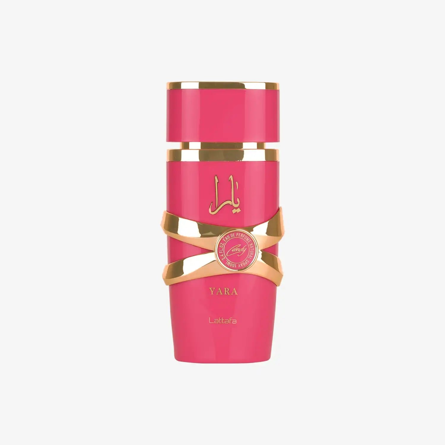 Yara pink and gold perfume bottle with Arabic script, gold accents, and modern design