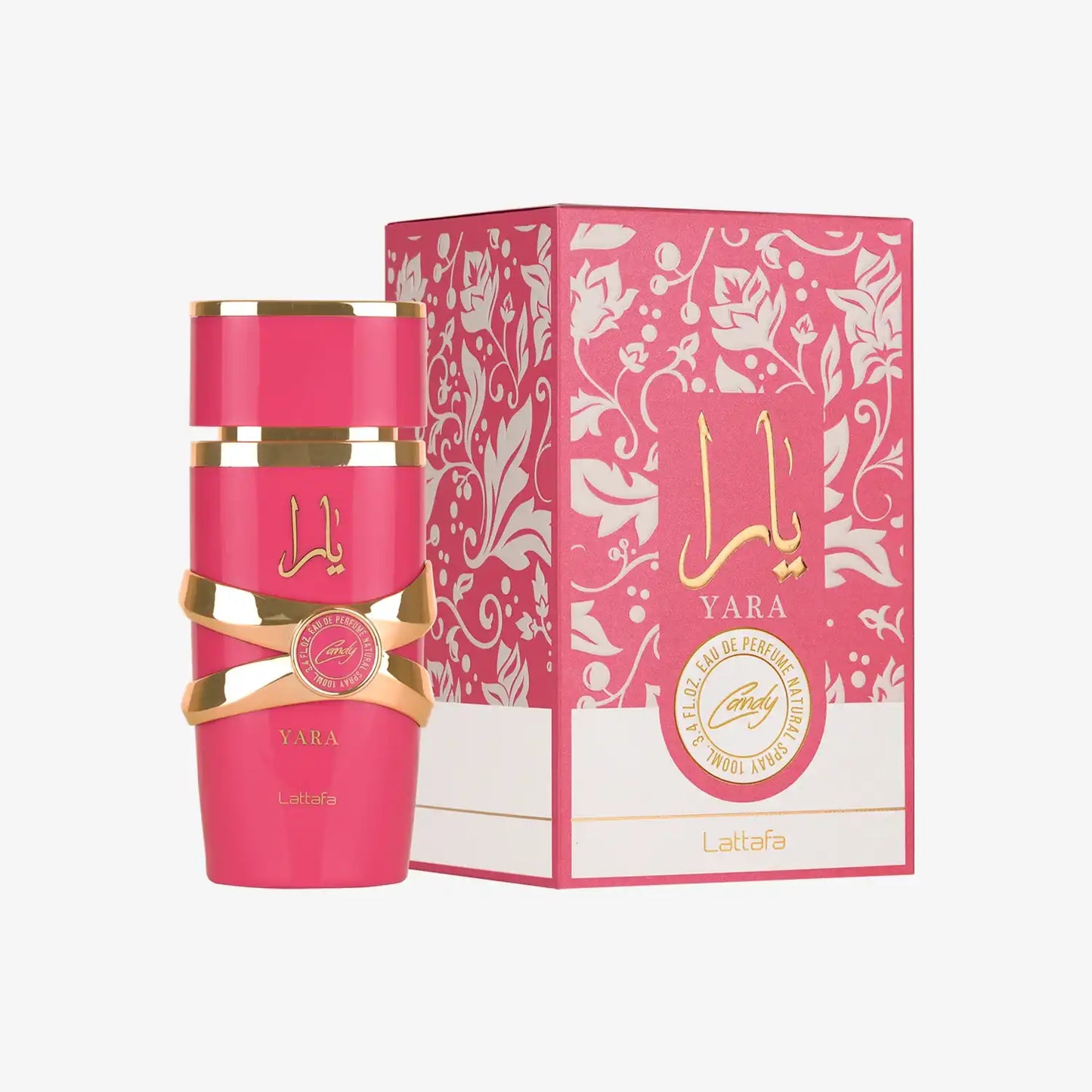 Yara Candy Eau de Parfum by Lattafa in pink bottle with floral box, Middle Eastern fragrance