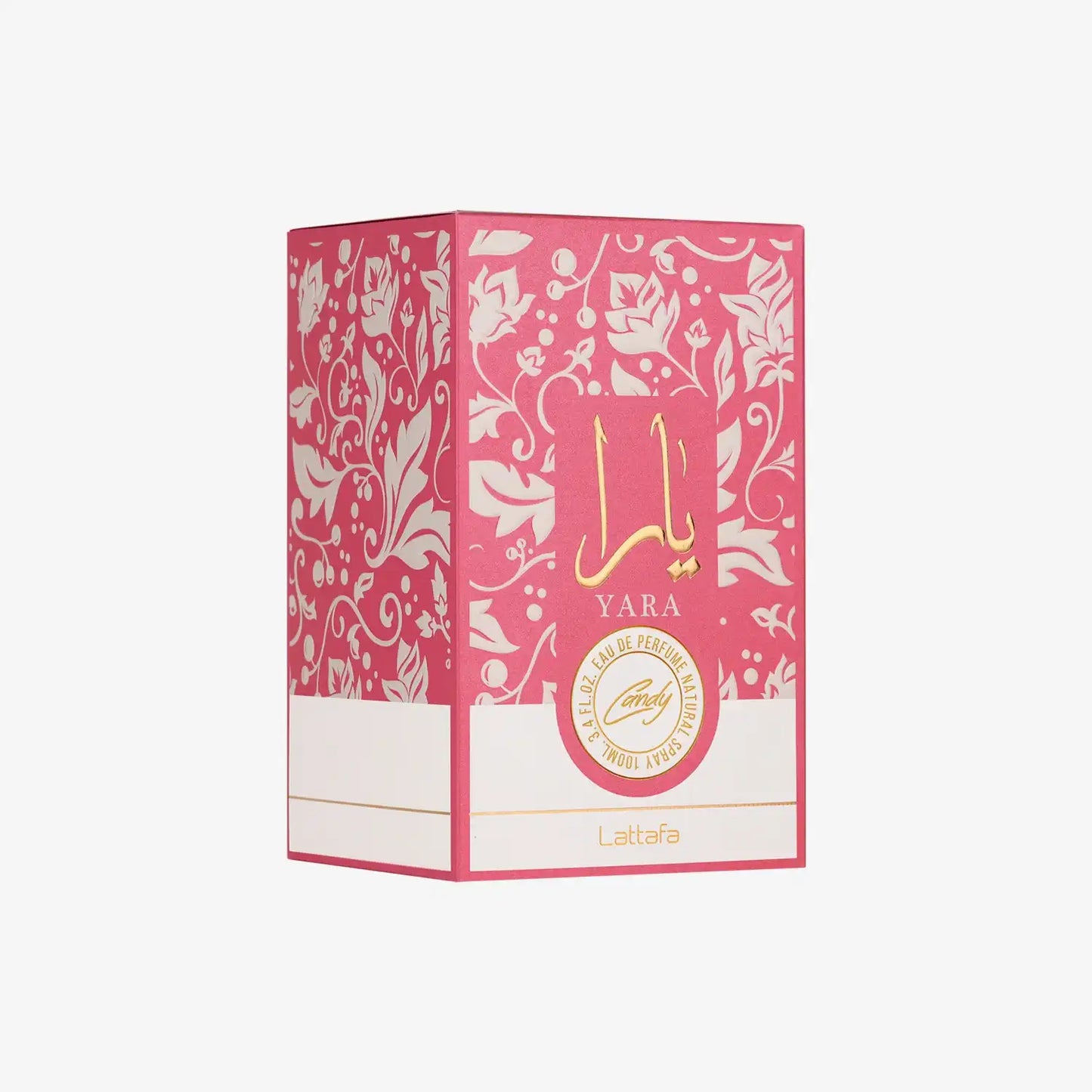 Yara Candy perfume box with floral pink and white design, Arabic and English text