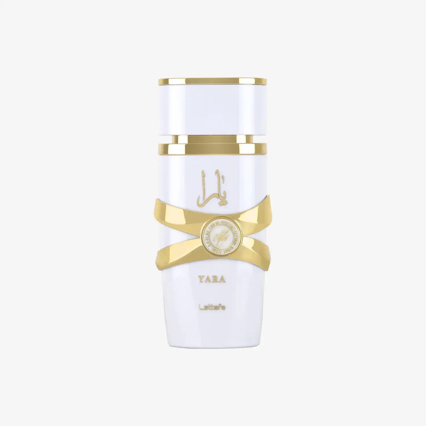 White and gold Yara perfume bottle with Arabic script and decorative accents