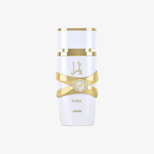 White and gold Yara perfume bottle with Arabic script and decorative accents