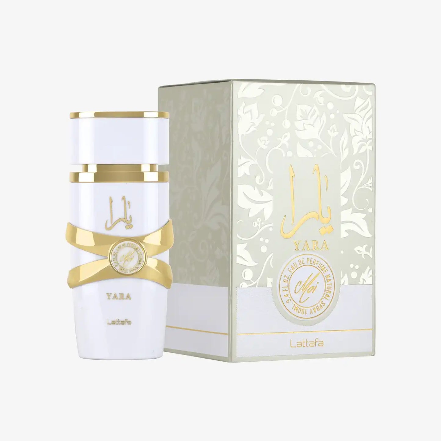 Yara Moi Lattafa perfume bottle and box with gold Arabic calligraphy and floral design