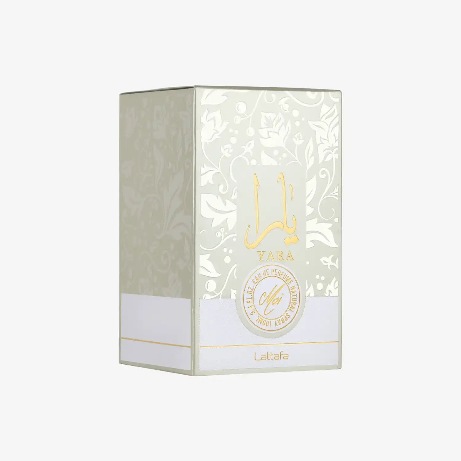 Yara Moi eau de parfum box with Arabic calligraphy and floral patterns, Lattafa design
