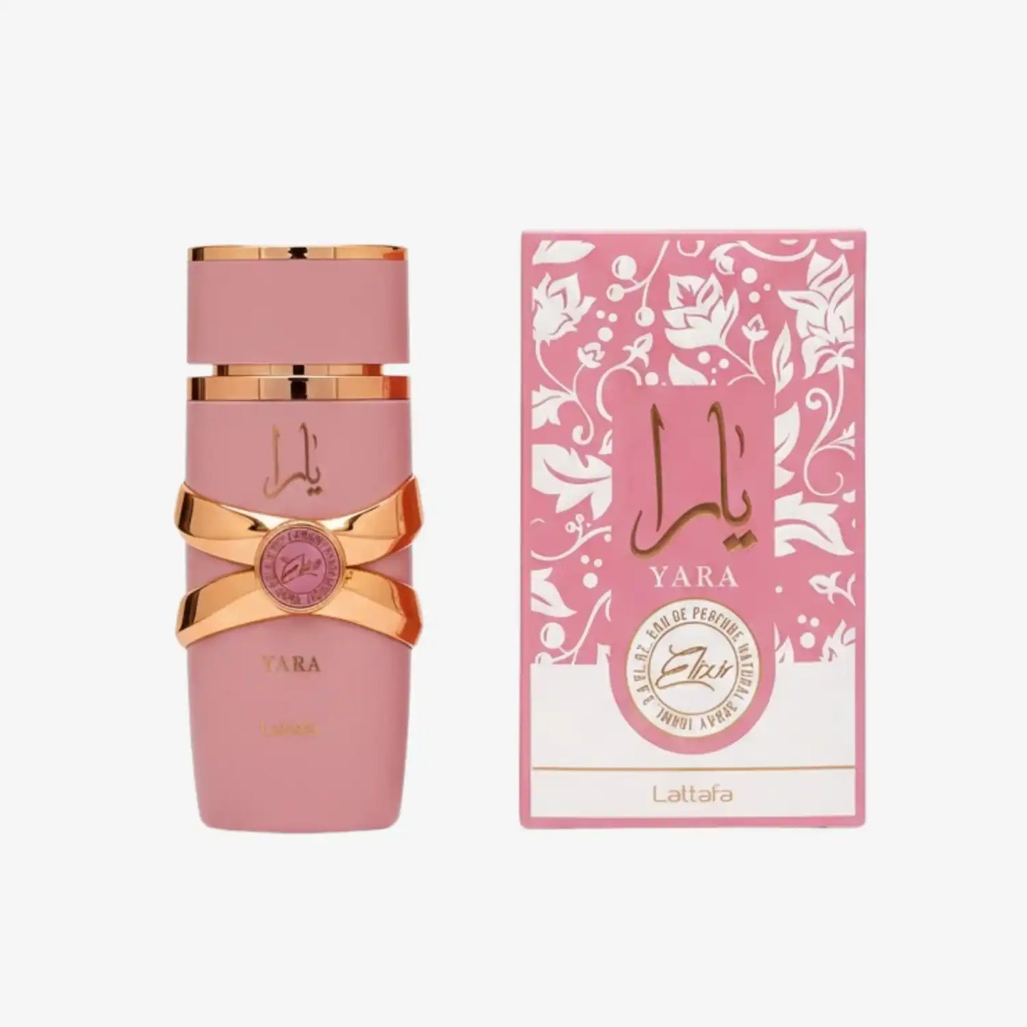 Pink Yara Elixir perfume bottle with gold accents next to matching floral box, Lattafa visible
