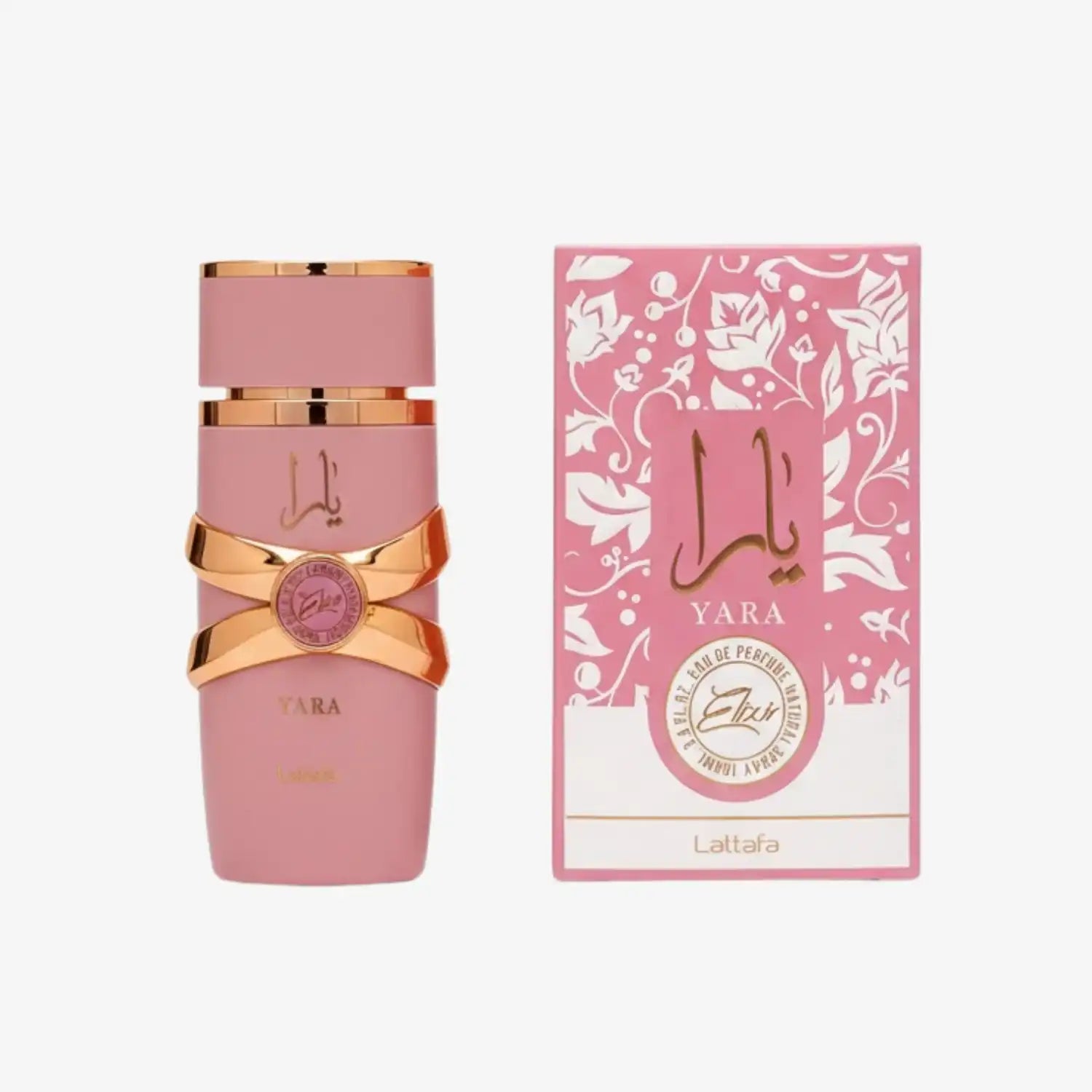 Pink Yara Elixir perfume bottle with gold accents next to matching floral box, Lattafa visible