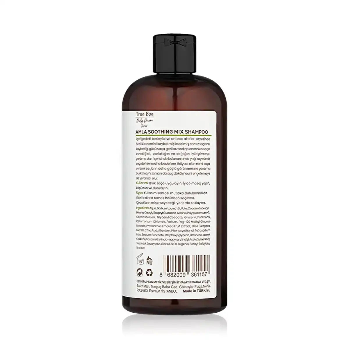 Amla Soothing Mix Shampoo bottle back label with ingredients, Turkish text, and Made in Turkey mark