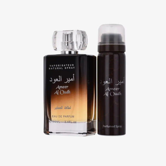 Ameer Al Oudh eau de parfum bottle and perfumed spray set with Arabic and English text.