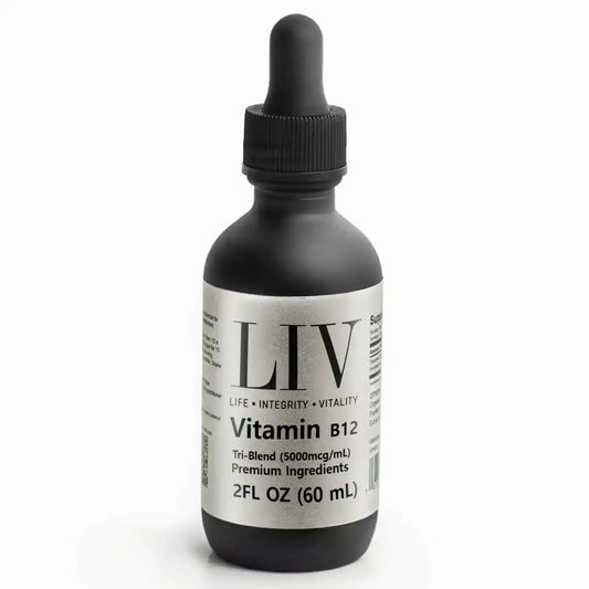 Vitamin B12 liquid supplement dropper bottle, 60 mL, labeled tri-blend premium ingredients.