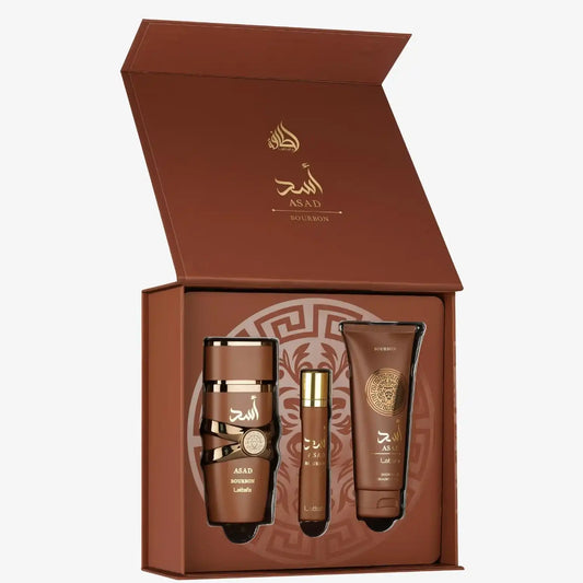 Brown Asad Bourbon gift set with fragrance, cream, and roller, decorative box, Middle Eastern style