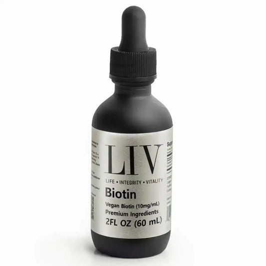 Vegan biotin supplement dropper bottle, labeled 10mg/mL, 2FL OZ (60 mL), LIV brand