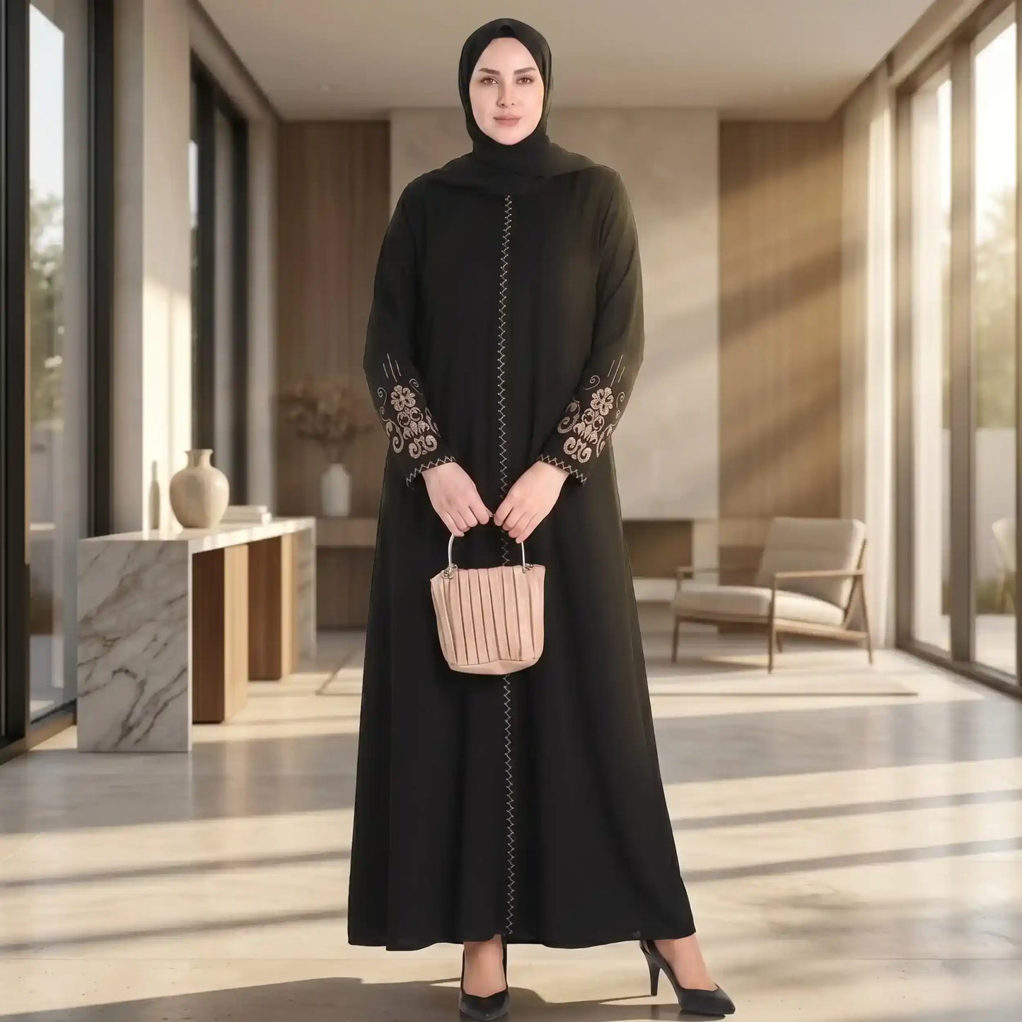 Black Embroidered Sleeves Abaya with Hidden Zipper – Turkish Abaya