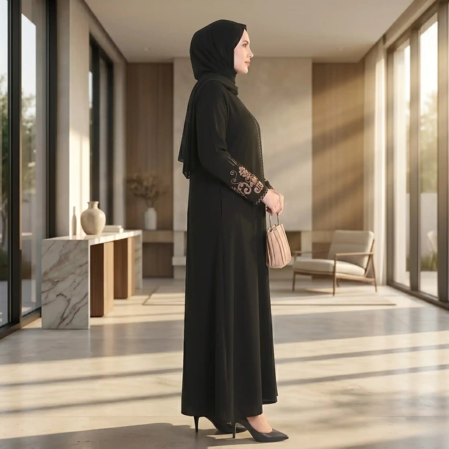 Black Embroidered Sleeves Abaya with Hidden Zipper – Turkish Abaya
