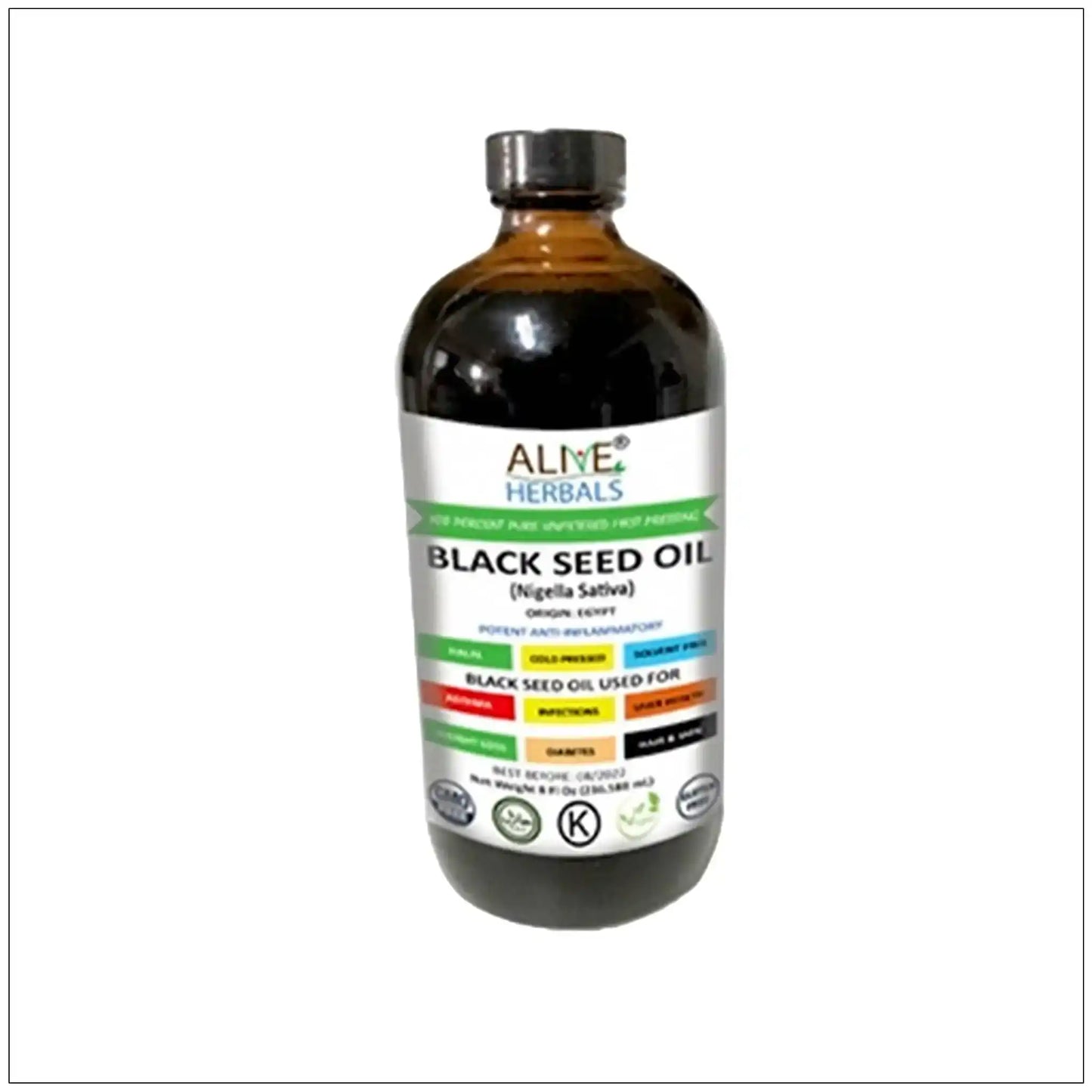 8 oz glass bottle of Alive Herbals black seed oil with colorful label highlighting uses and benefits