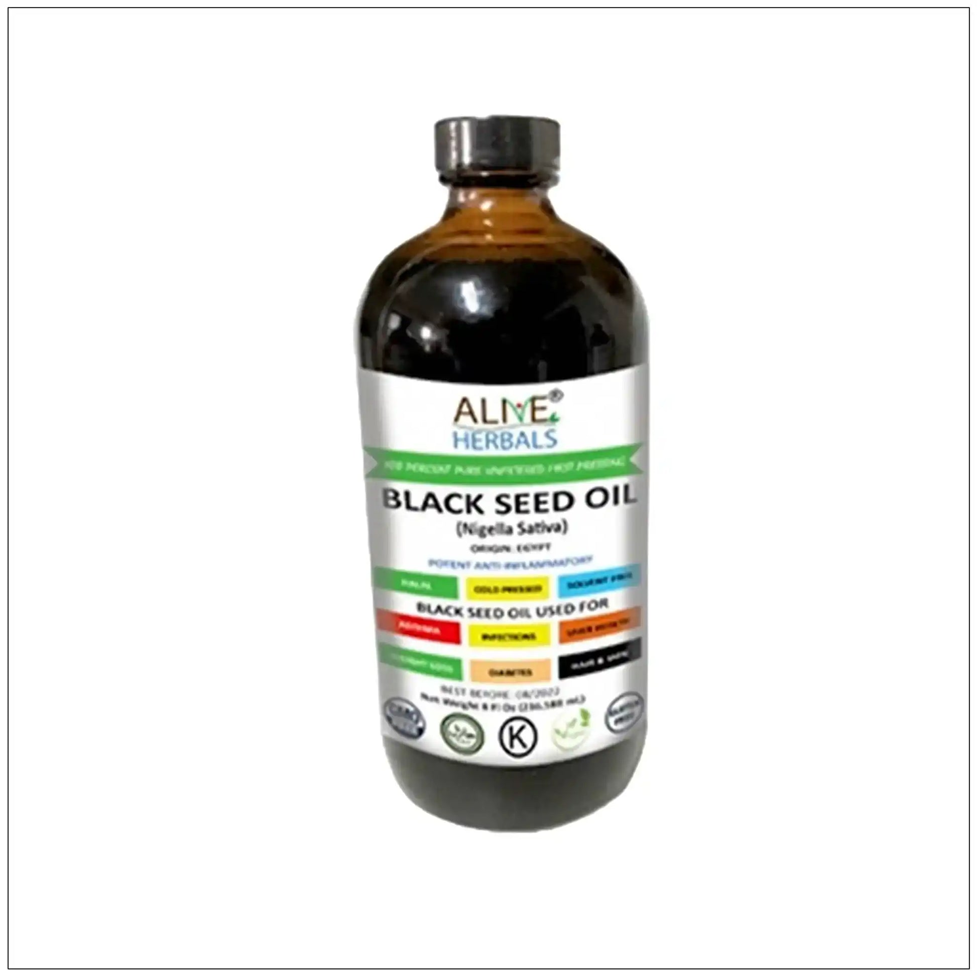 8 oz glass bottle of Alive Herbals black seed oil with colorful label highlighting uses and benefits