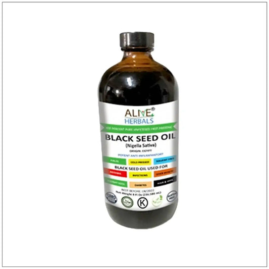 8 oz glass bottle of Alive Herbals black seed oil with colorful label highlighting uses and benefits