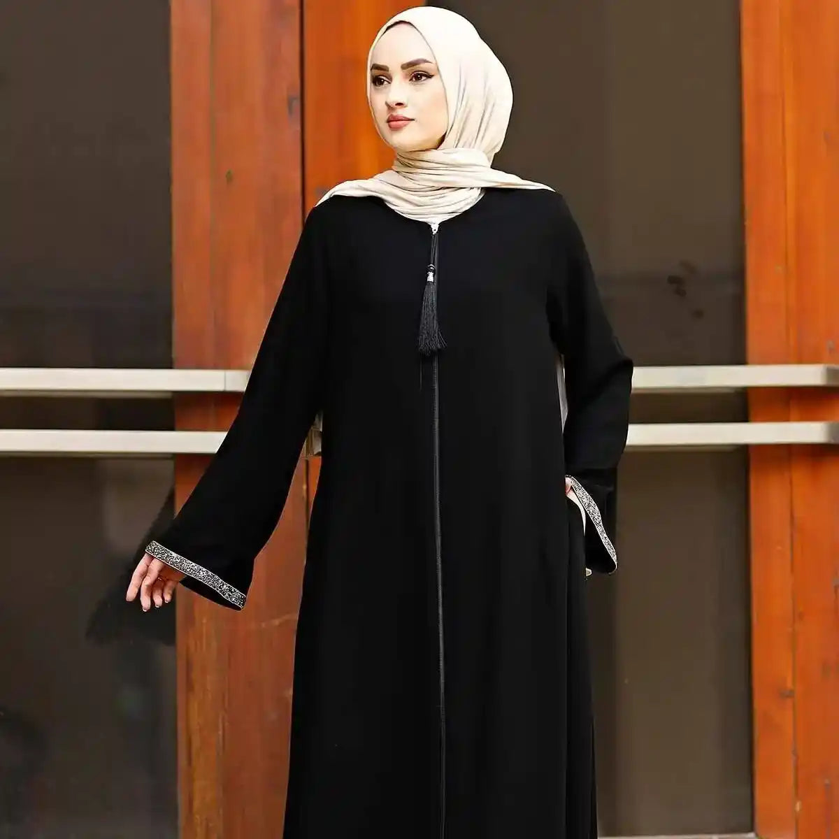 Black Stone-Trimmed Sleeve Abaya with Front Zipper & Tassel – Turkish Abaya