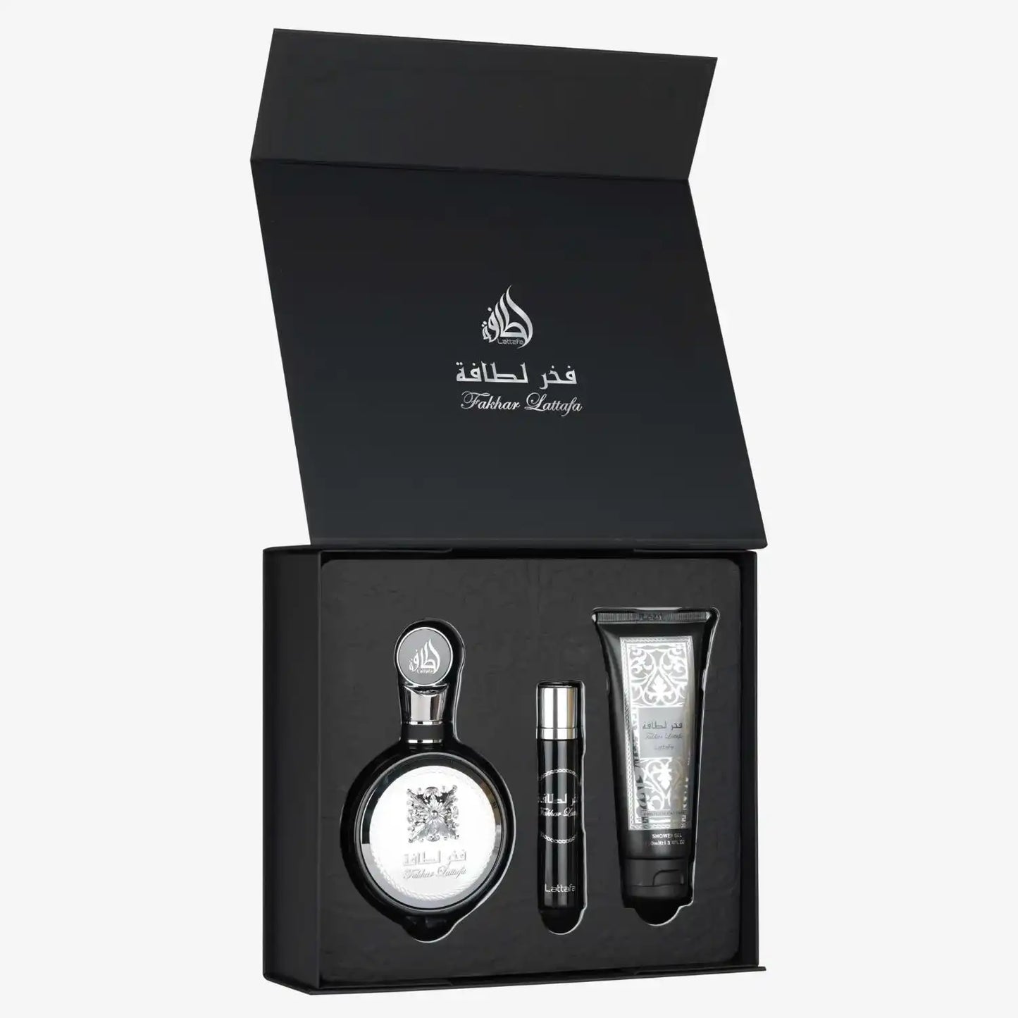 Luxury Middle Eastern perfume gift set with bottle, spray, and lotion in black box