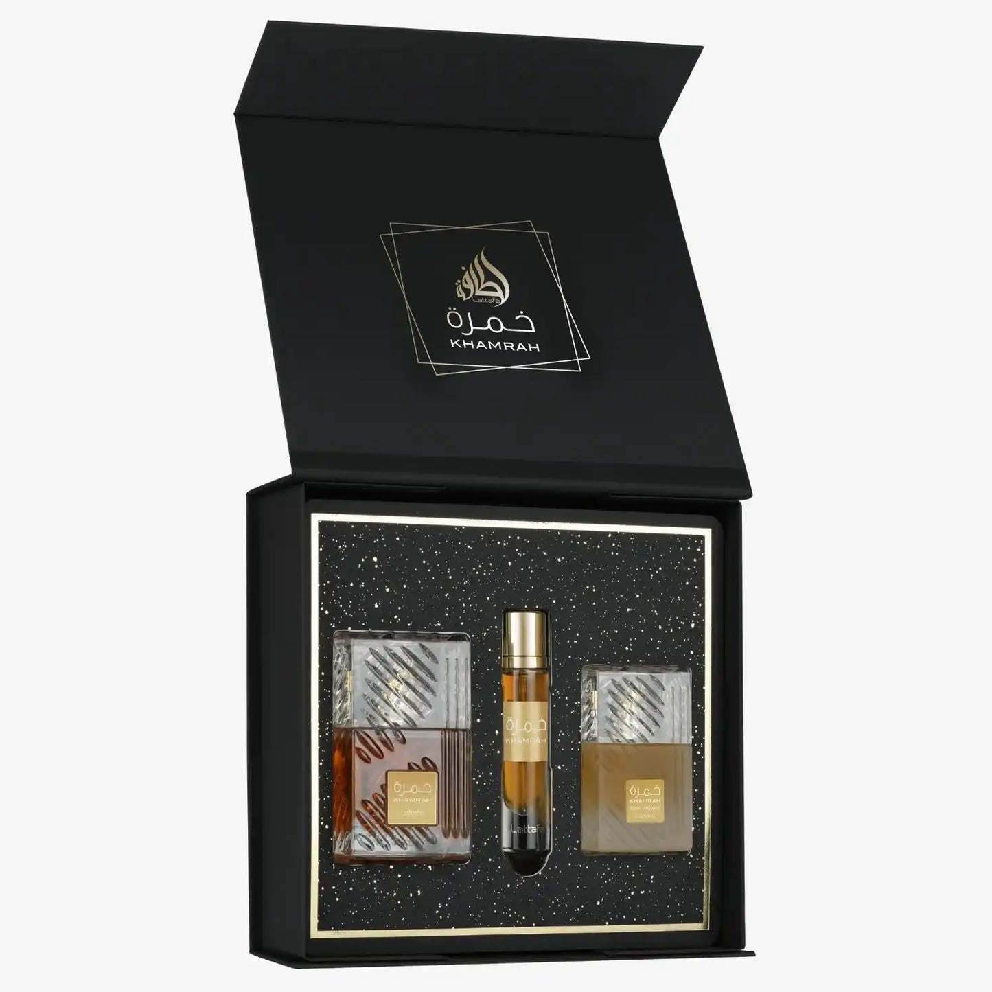 Luxury Middle Eastern perfume gift set with three fragrance bottles in elegant black box.